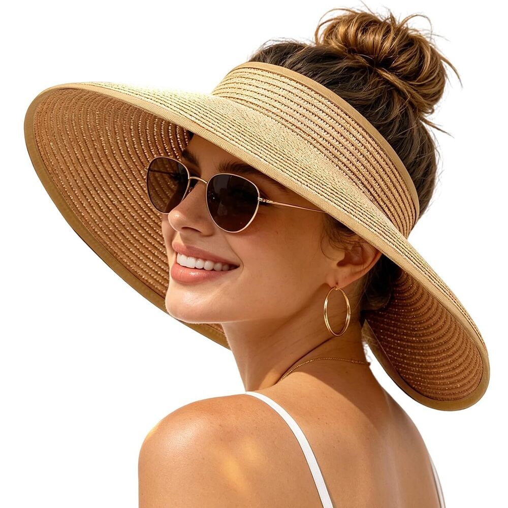 Sun Hats Visor for Women, UV UPF Straw Beach Hat Foldable Wide Brim Ponytail